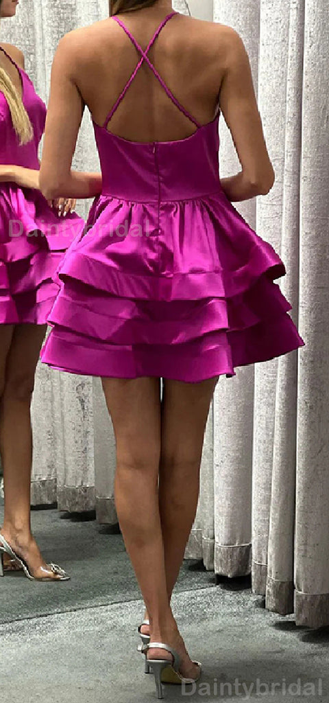 Elegant Spaghetti Straps V-neck A-line Satin Azalea Short Homecoming Dresses Online, HD0685