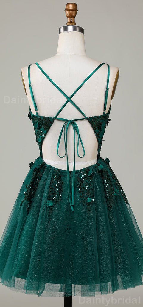 Sparkly Spaghetti Straps V-neck Short Tulle Dark Green Homecoming Dresses Online, HD0693