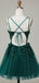 Sparkly Spaghetti Straps V-neck Short Tulle Dark Green Homecoming Dresses Online, HD0693
