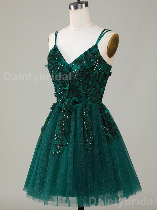 Sparkly Spaghetti Straps V-neck Short Tulle Dark Green Homecoming Dresses Online, HD0693