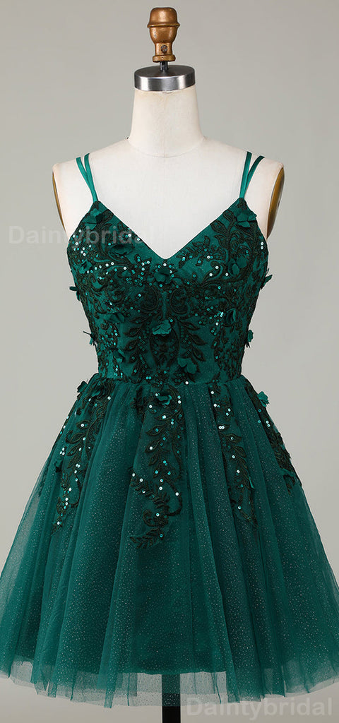 Sparkly Spaghetti Straps V-neck Short Tulle Dark Green Homecoming Dresses Online, HD0693