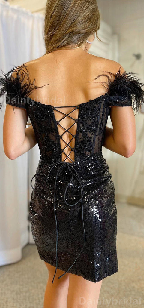 Sparkly Off Shoulder Mermaid Black Sequins Short Homecoming Dresses Online, HD0740