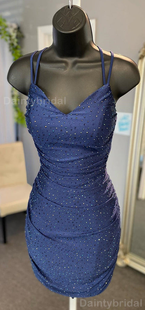 Sparkly Spaghetti Straps V-neck Mermaid Dusty Blue Short Homecoming Dresses Online, HD0735