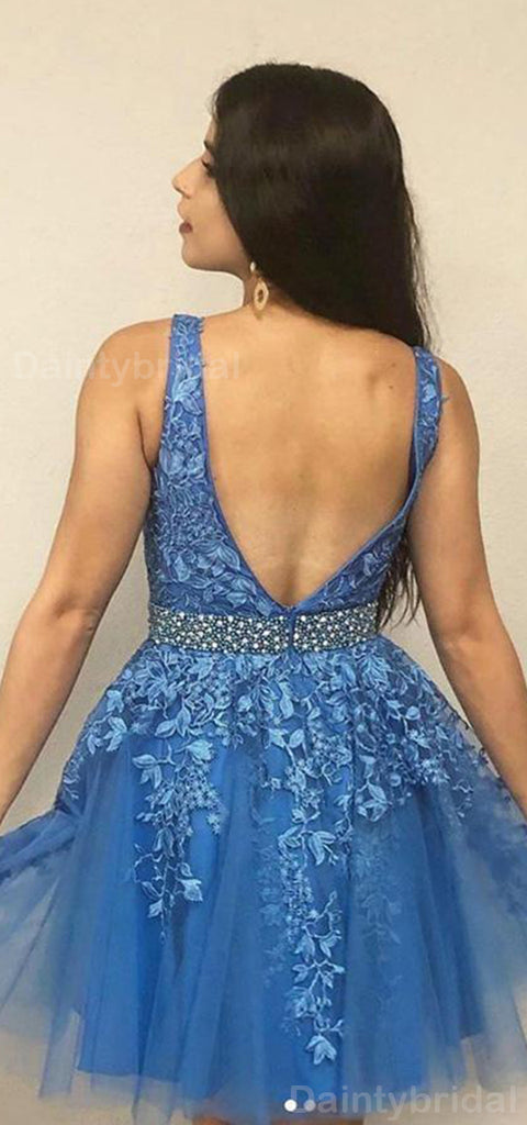 Elegant V-neck Sleeveless A-line Tulle Applique Short Homecoming Dresses Online, HD0671