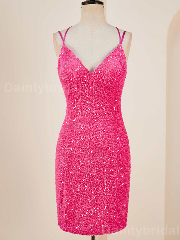 Sparkly Spaghetti Straps V-neck Mermaid Sequins Short Homecoming Dresses Online, HD0736
