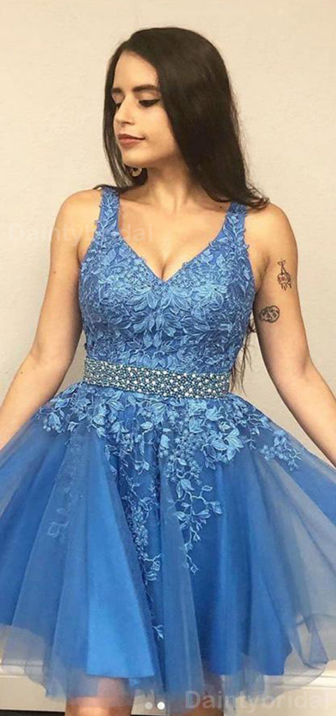 Elegant V-neck Sleeveless A-line Tulle Applique Short Homecoming Dresses Online, HD0671