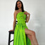 Elegant One Shoulder Side Slit Mermaid Satin Lime Green Long Bridesmaid Dresses Online, BG757