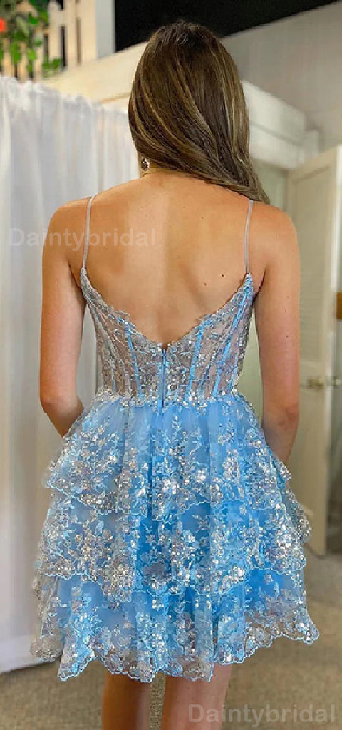 Gorgeous Spaghetti Straps A-line Applique V-neck Blue Short Homecoming Dresses Online, HD0681