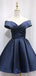 Elegant Off Shoulder A-line Satin Dark Navy Short Homecoming Dresses Online, HD0668
