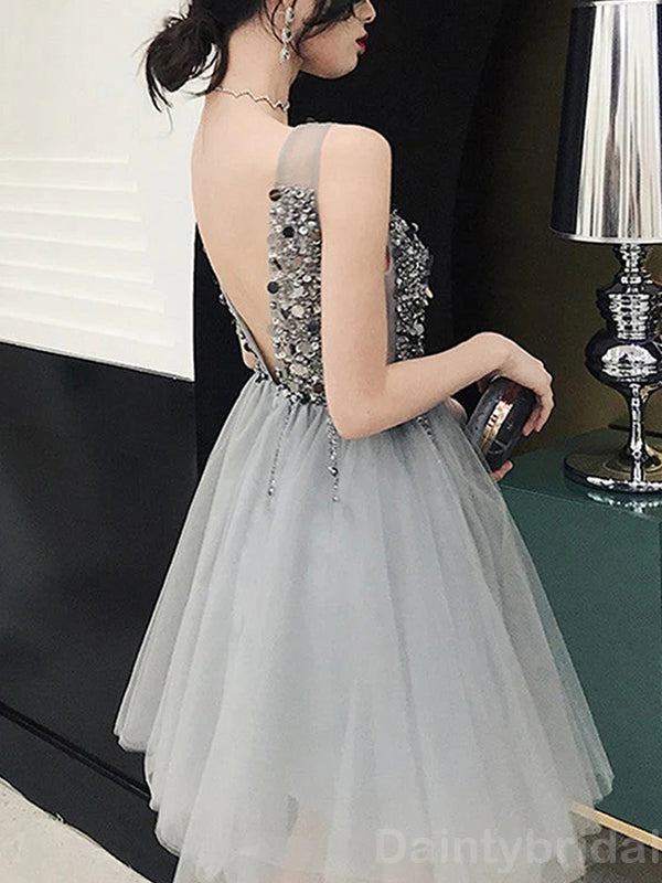 Sparkly V-neck A-line Sequins Tulle Grey Short Homecoming Dresses Online, HD0657