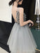 Sparkly V-neck A-line Sequins Tulle Grey Short Homecoming Dresses Online, HD0657