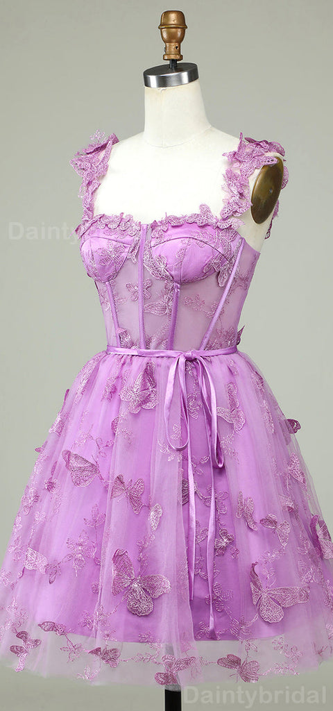 Elegant Spaghetti Straps A-line Tulle Applique Short Homecoming Dresses Online, HD0706