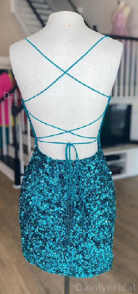Sparkly Spaghetti Straps Mermaid Sequins Short Homecoming Dresses Online, HD0691