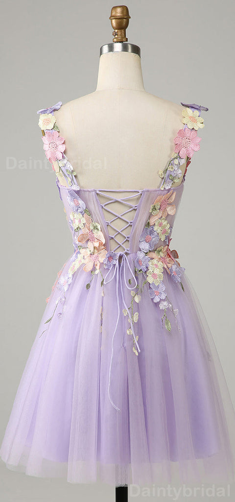 Elegant Spaghetti Straps A-line Tulle Applique Flowers Short Homecoming Dresses Online, HD0707