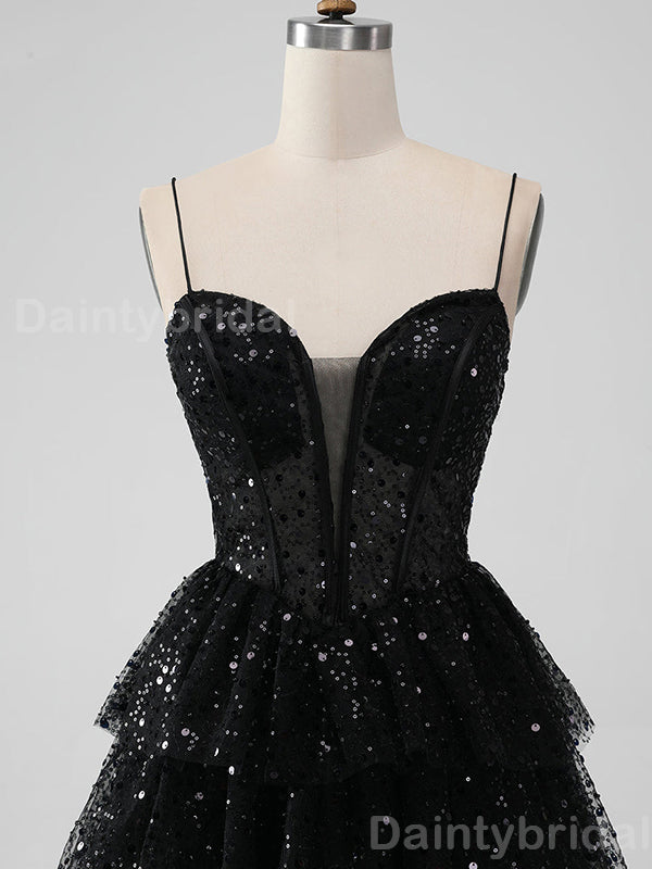 Sparkly Spaghetti Straps V-neck Black Sequins Short Homecoming Dresses Online, HD0708