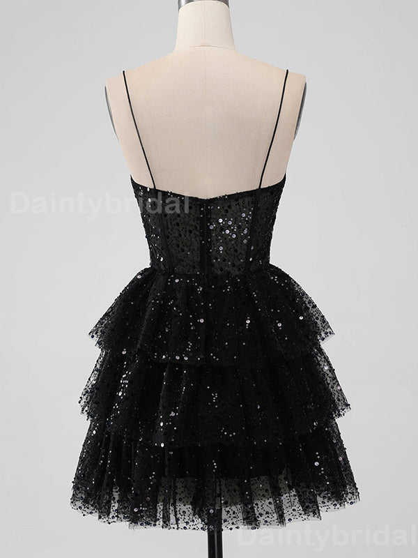 Sparkly Spaghetti Straps V-neck Black Sequins Short Homecoming Dresses Online, HD0708