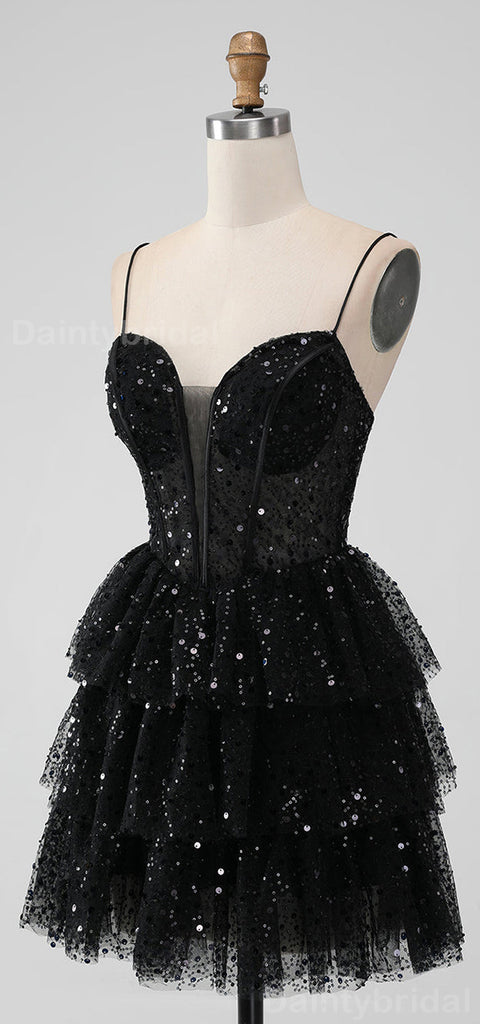Sparkly Spaghetti Straps V-neck Black Sequins Short Homecoming Dresses Online, HD0708