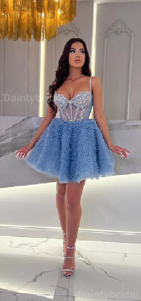 Gorgeous Spaghetti Straps A-line Applique V-neck Blue Short Homecoming Dresses Online, HD0682