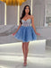Gorgeous Spaghetti Straps A-line Applique V-neck Blue Short Homecoming Dresses Online, HD0682