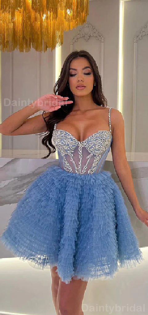 Gorgeous Spaghetti Straps A-line Applique V-neck Blue Short Homecoming Dresses Online, HD0682