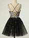 Elegant Spaghetti Straps A-line Applique Black Short Homecoming Dresses Online, HD0675