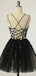 Elegant Spaghetti Straps A-line Applique Black Short Homecoming Dresses Online, HD0675