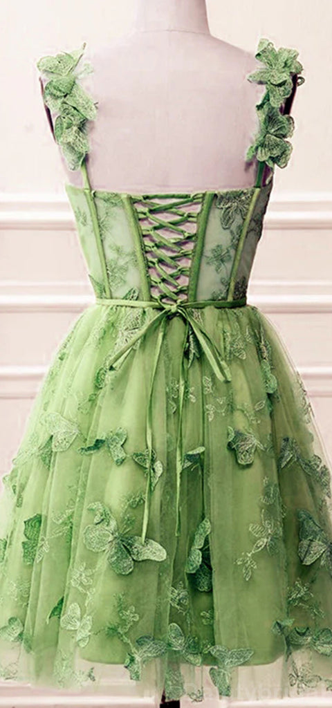 Elegant Straps A-line Tulle Green Short Homecoming Dresses Online, HD0666