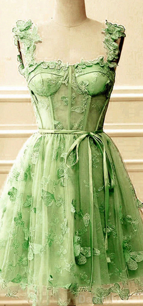 Elegant Straps A-line Tulle Green Short Homecoming Dresses Online, HD0666