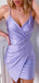 Elegant Spaghetti Straps V-neck Mermaid Lilac Satin Short Homecoming Dresses Online, HD0676