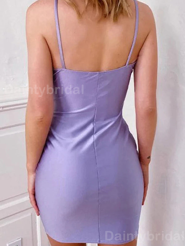 Elegant Spaghetti Straps V-neck Mermaid Lilac Satin Short Homecoming Dresses Online, HD0676