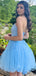 Elegant V-neck Sleeveless Blue A-line Tulle Short Homecoming Dresses Online, HD0714