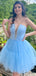Elegant V-neck Sleeveless Blue A-line Tulle Short Homecoming Dresses Online, HD0714