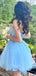 Elegant V-neck Sleeveless Blue A-line Tulle Short Homecoming Dresses Online, HD0714