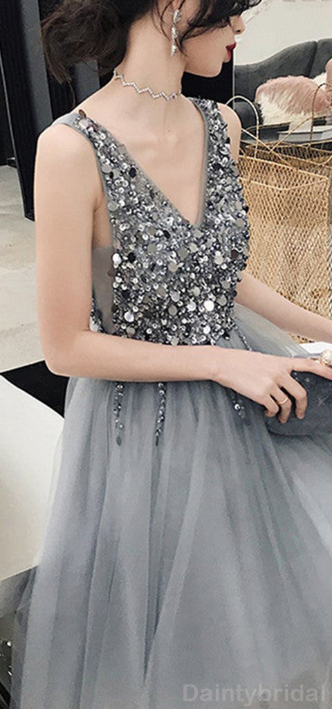 Sparkly V-neck A-line Sequins Tulle Grey Short Homecoming Dresses Online, HD0657
