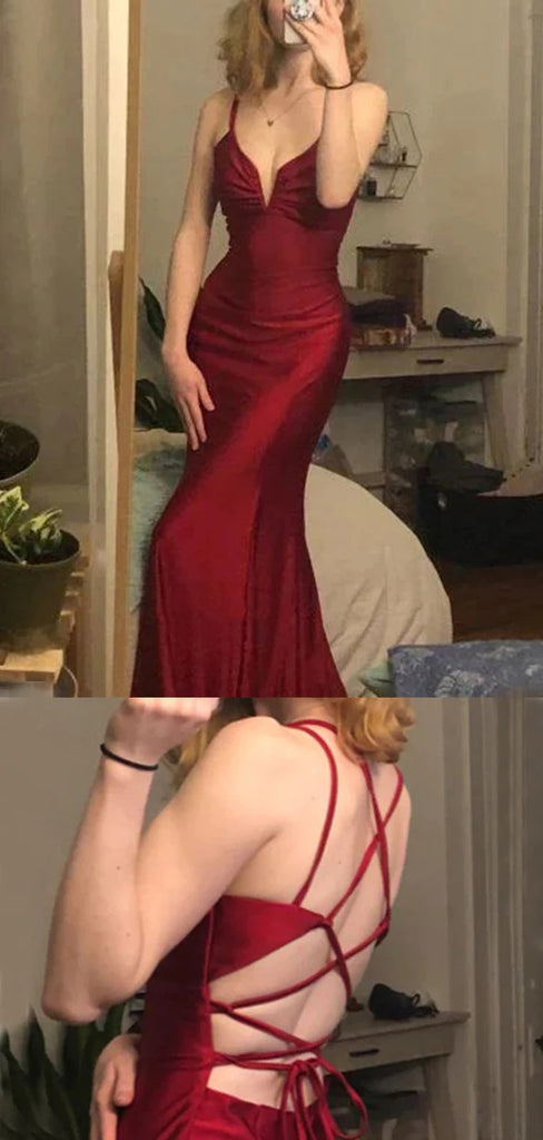 Simple Satin Spaghetti Straps V-neck Mermaid Long Burgundy Prom Dresses, OL013
