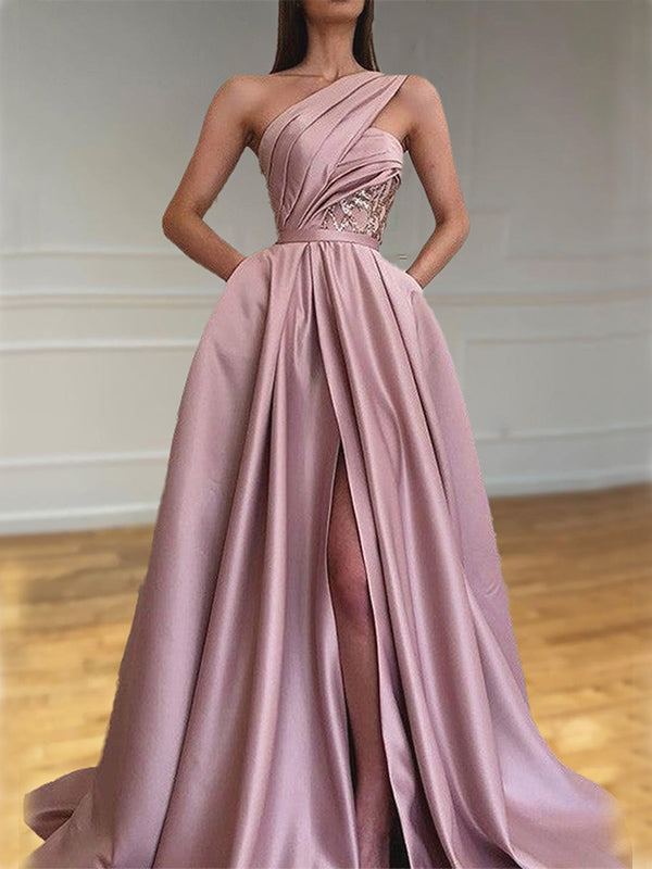 Gorgeous One Shoulder Dusty Rose A-line Evening Prom Dresses with Side Slit, OL020