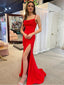 Elegant Red Spaghetti Straps Satin Sheath Long Prom Dresses Formal Dress with Side Slit, OL815