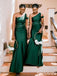 Simple One Shoulder Off the Shoulder Mermaid Satin Green Bridesmaid Dresses, BG325