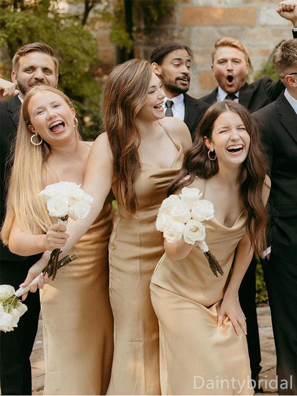Simple Spaghetti Straps Champagne Bridesmaid Dresses Online, BG367