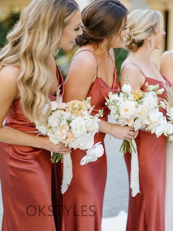 Simple Spaghetti Straps Mermaid Satin Rust Bridesmaid Dresses, BG383