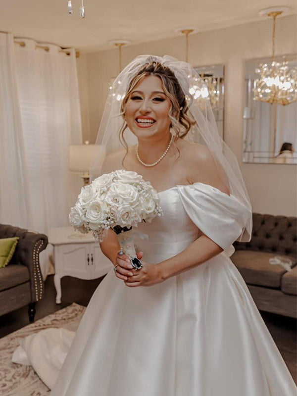 Gorgeous Off the Shoulder A-line Satin Long Wedding Dress with Trailing, WD0526