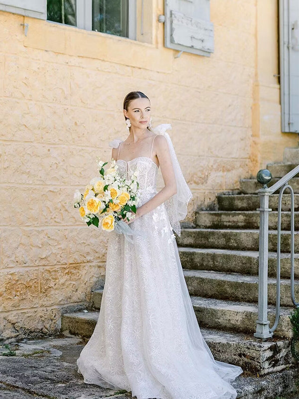 Gorgeous Spaghetti Straps Bowknot A-line Tulle Applique Wedding Dress, WD0527