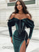 Elegant Long Sleeves Off the Shoulder Mermaid Velvet Long Prom Dresses with Side Slit, OL982