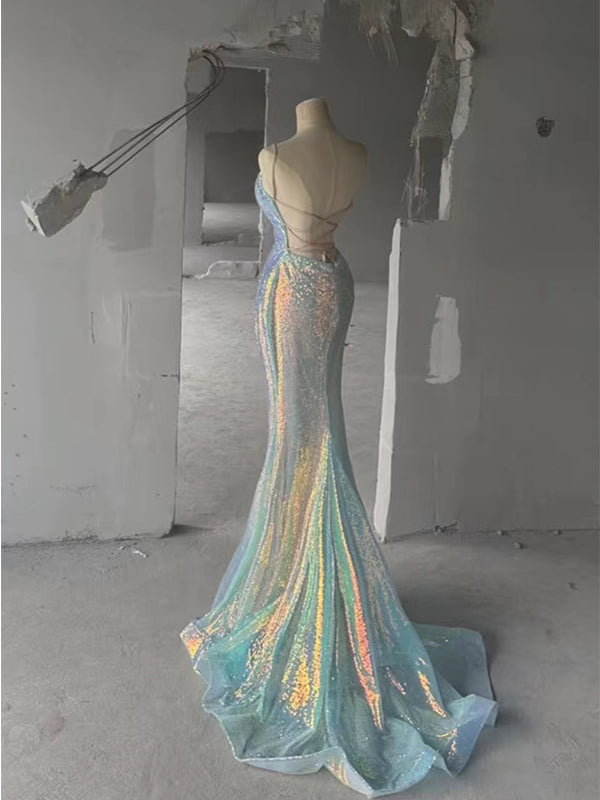 Sparkly Spaghetti Straps Mermaid V-neck Long Prom Dresses Online, OL986