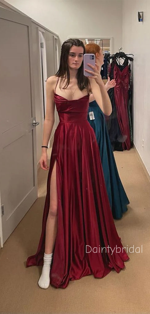 Elegant Spaghetti Straps V-neck  Side Slit Pleats Soft Satin Burgundy  A-line Prom Dress , Party Dress , BG811