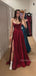 Elegant Spaghetti Straps V-neck  Side Slit Pleats Soft Satin Burgundy  A-line Prom Dress , Party Dress , BG811