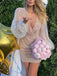Sparkly Long Sleeves Deep V-neck Mermaid Short Homecoming Dresses, HD0643