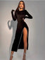 New Arrival Long Sleeves Velvet Black Long Prom Dresses with Side Slit, OL002