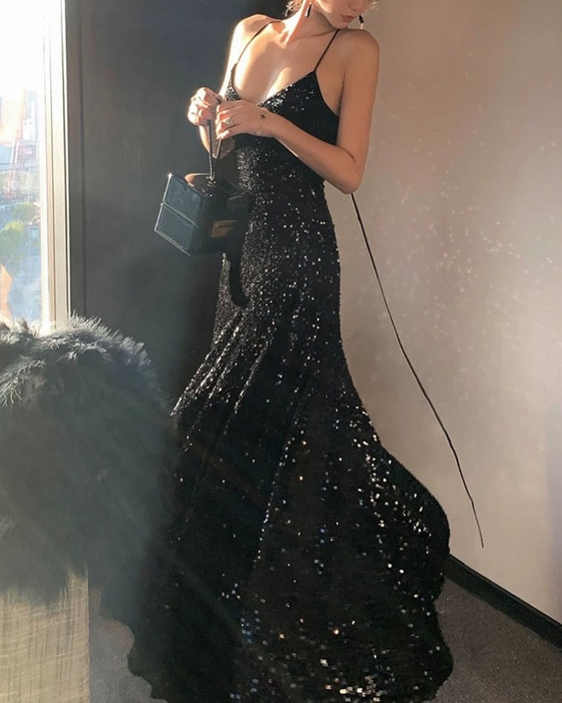 Sparkly A-line Spaghetti Straps V-neck Sequins Long Black Prom Dresses Online, OL989