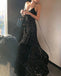 Sparkly A-line Spaghetti Straps V-neck Sequins Long Black Prom Dresses Online, OL989